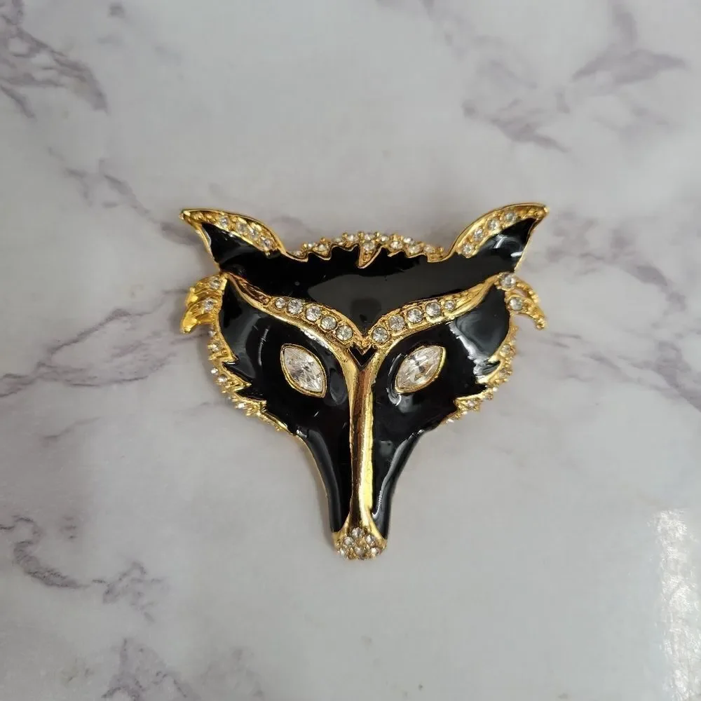 Vintage Fox Brooch Gold Toned Black Enamel Rhinestones